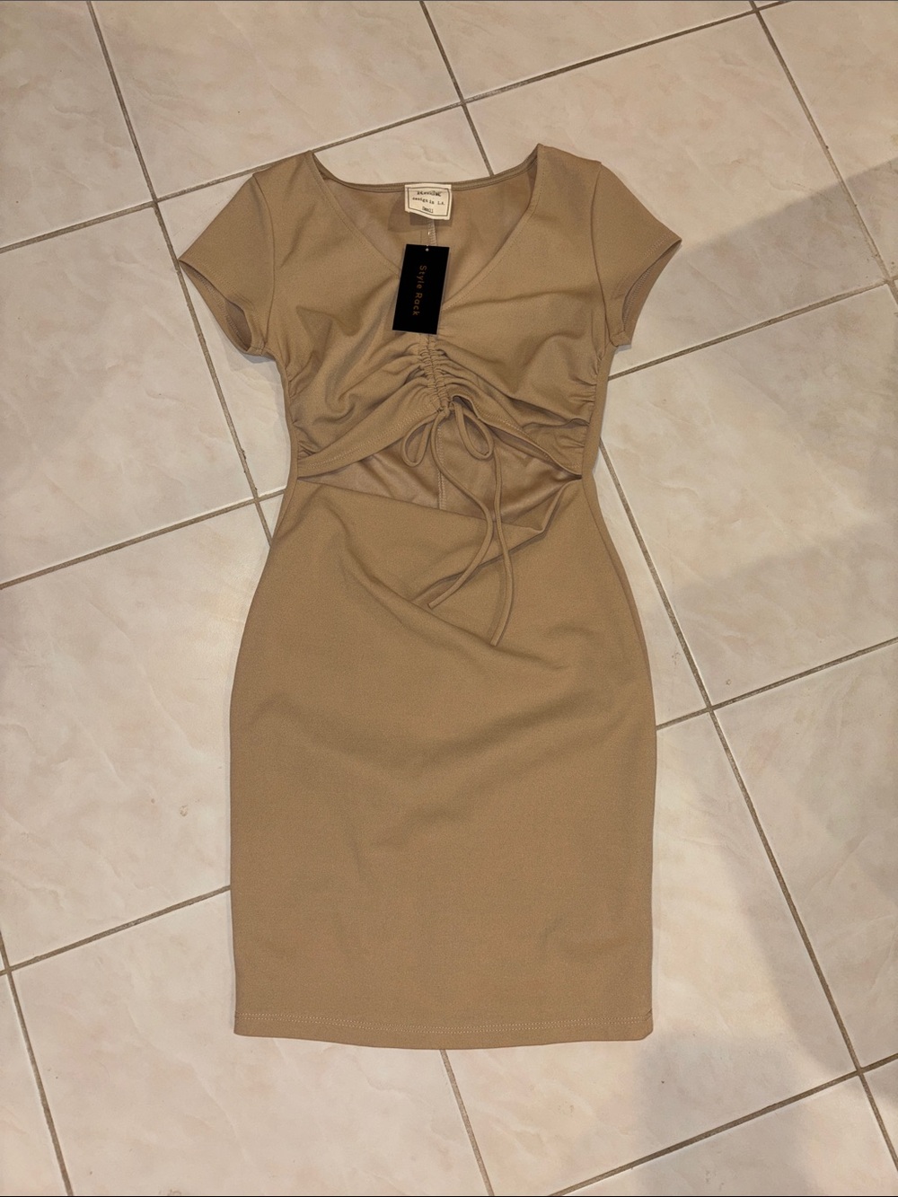 Style Rack Tan Ruched Front Cap Sleeve Mini Dress